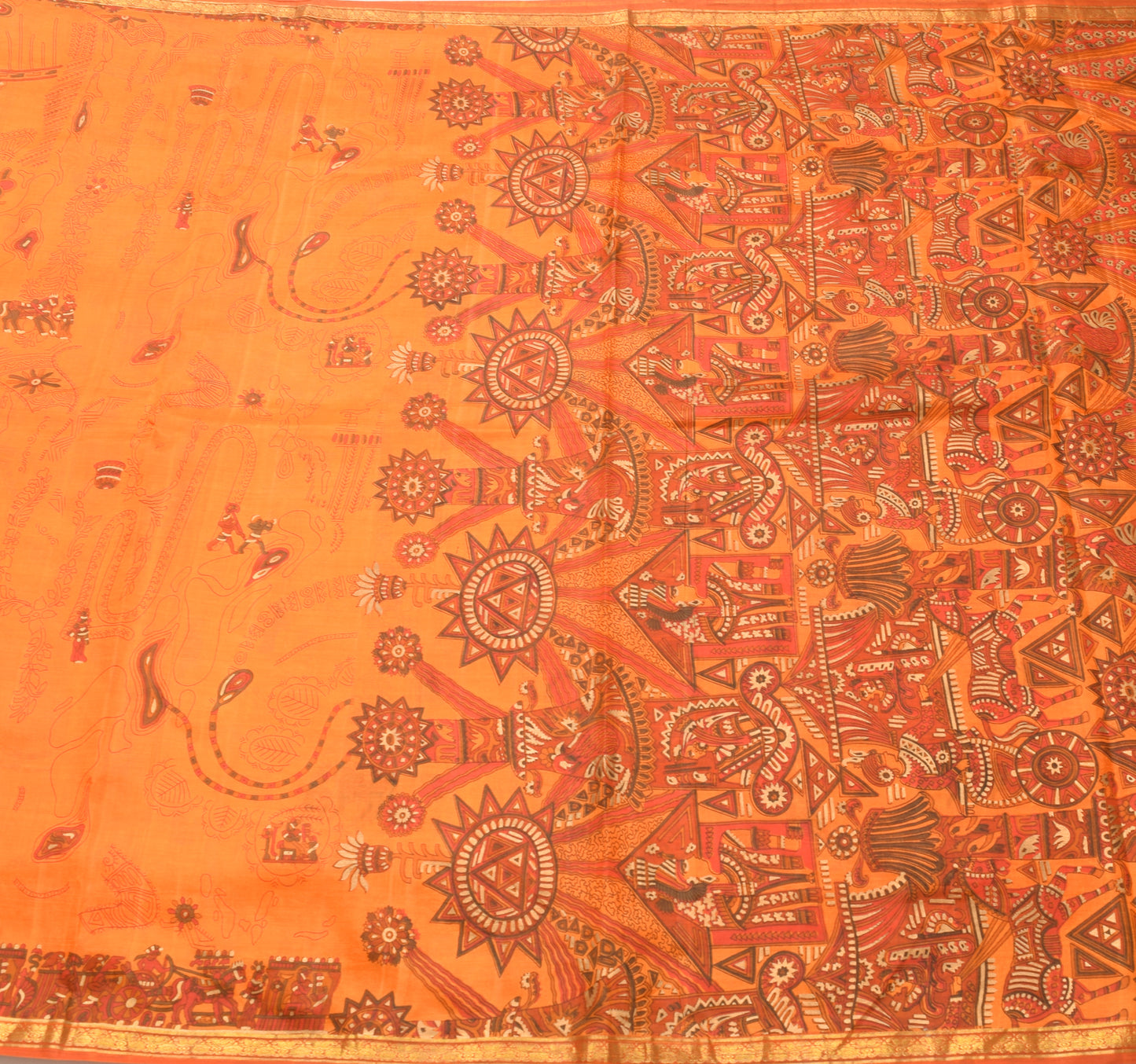 Sushila Vintage Orange Saree 100% Pure Silk Human Printed Soft Craft Fabric