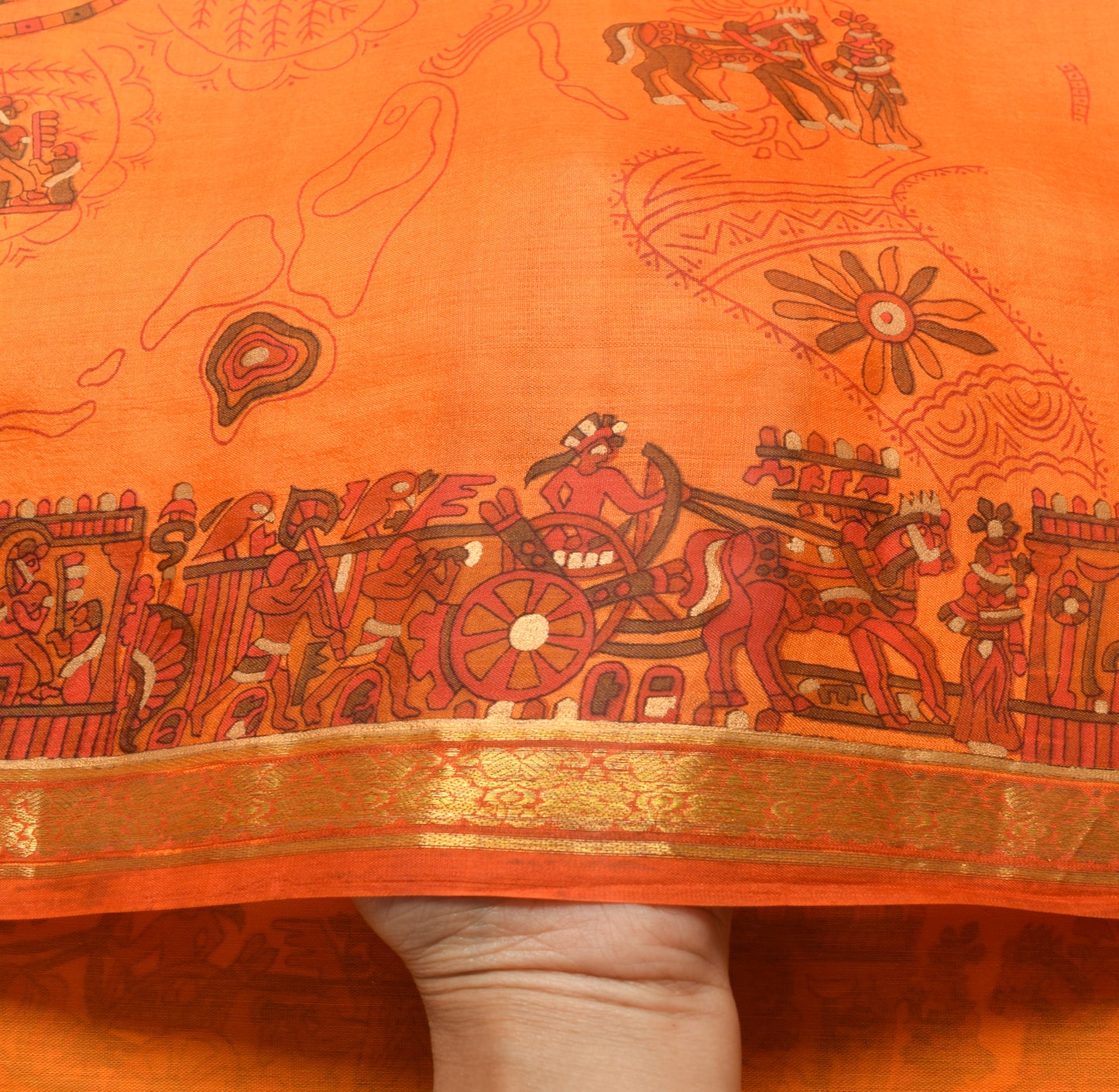 Sushila Vintage Orange Saree 100% Pure Silk Human Printed Soft Craft Fabric