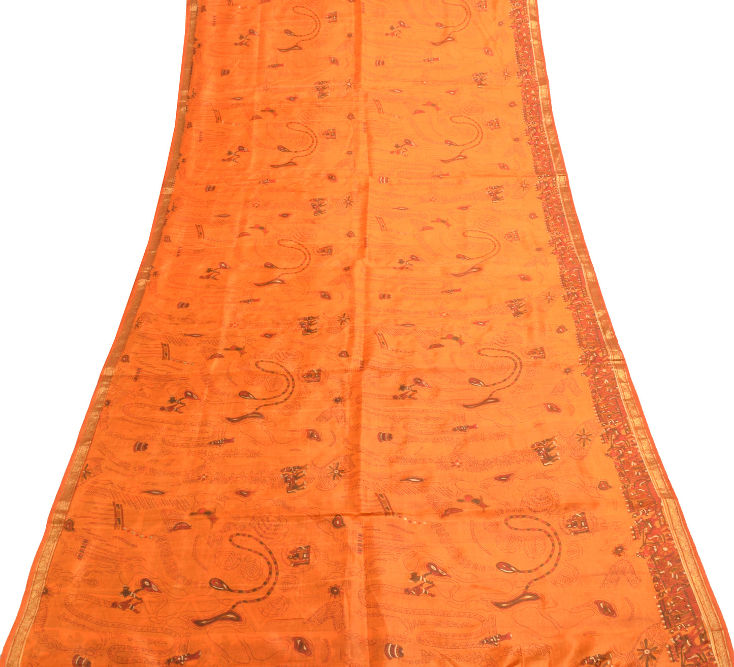 Sushila Vintage Orange Saree 100% Pure Silk Human Printed Soft Craft Fabric
