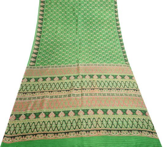 Sushila Vintage Green Saree 100% Pure Silk Printed Floral Indian Craft Fabric