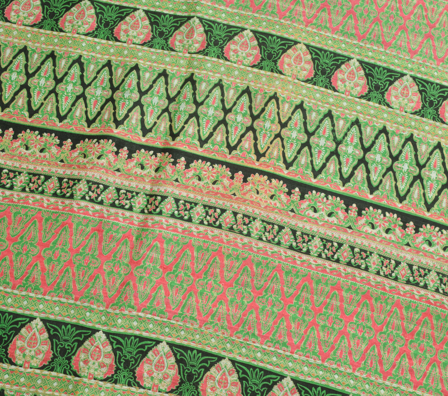 Sushila Vintage Green Saree 100% Pure Silk Printed Floral Indian Craft Fabric