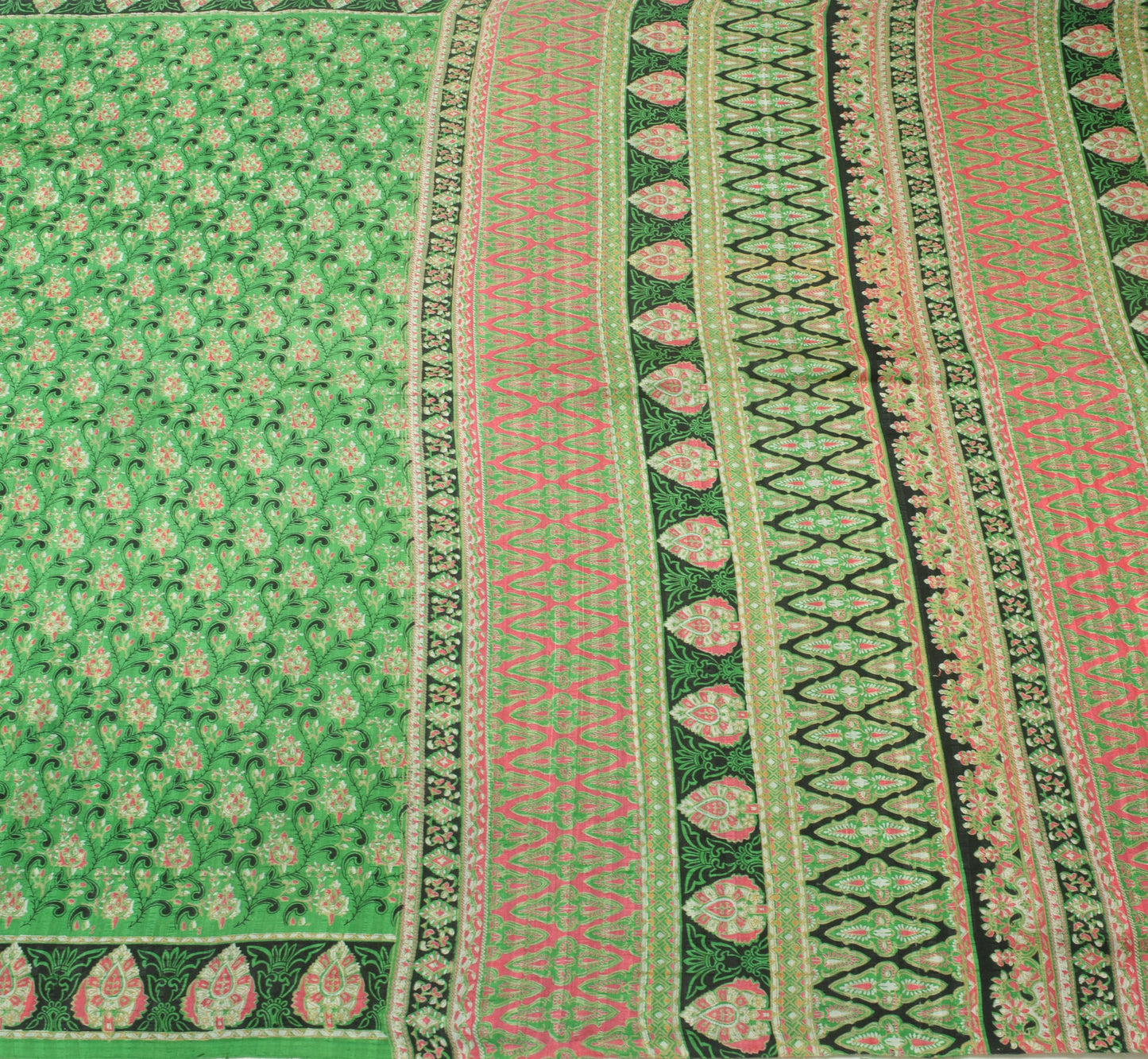 Sushila Vintage Green Saree 100% Pure Silk Printed Floral Indian Craft Fabric