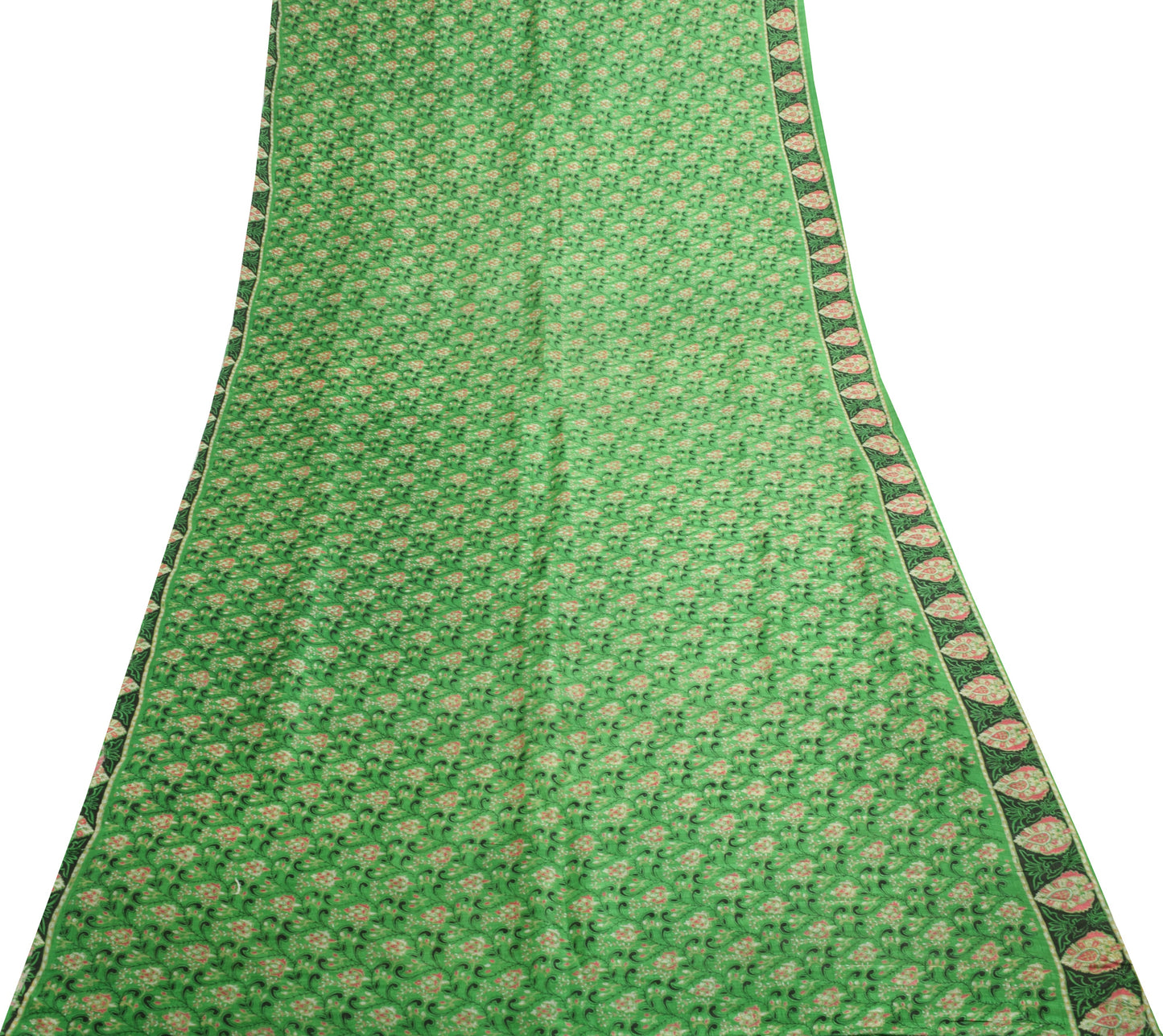 Sushila Vintage Green Saree 100% Pure Silk Printed Floral Indian Craft Fabric