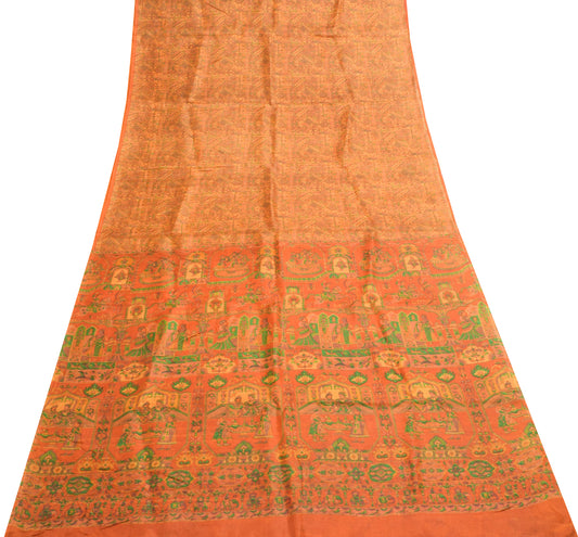 Sushila Vintage Orange Saree 100% Pure Silk Printed Indian Soft Craft Fabric