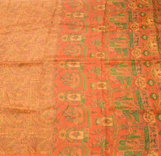 Sushila Vintage Orange Saree 100% Pure Silk Printed Indian Soft Craft Fabric