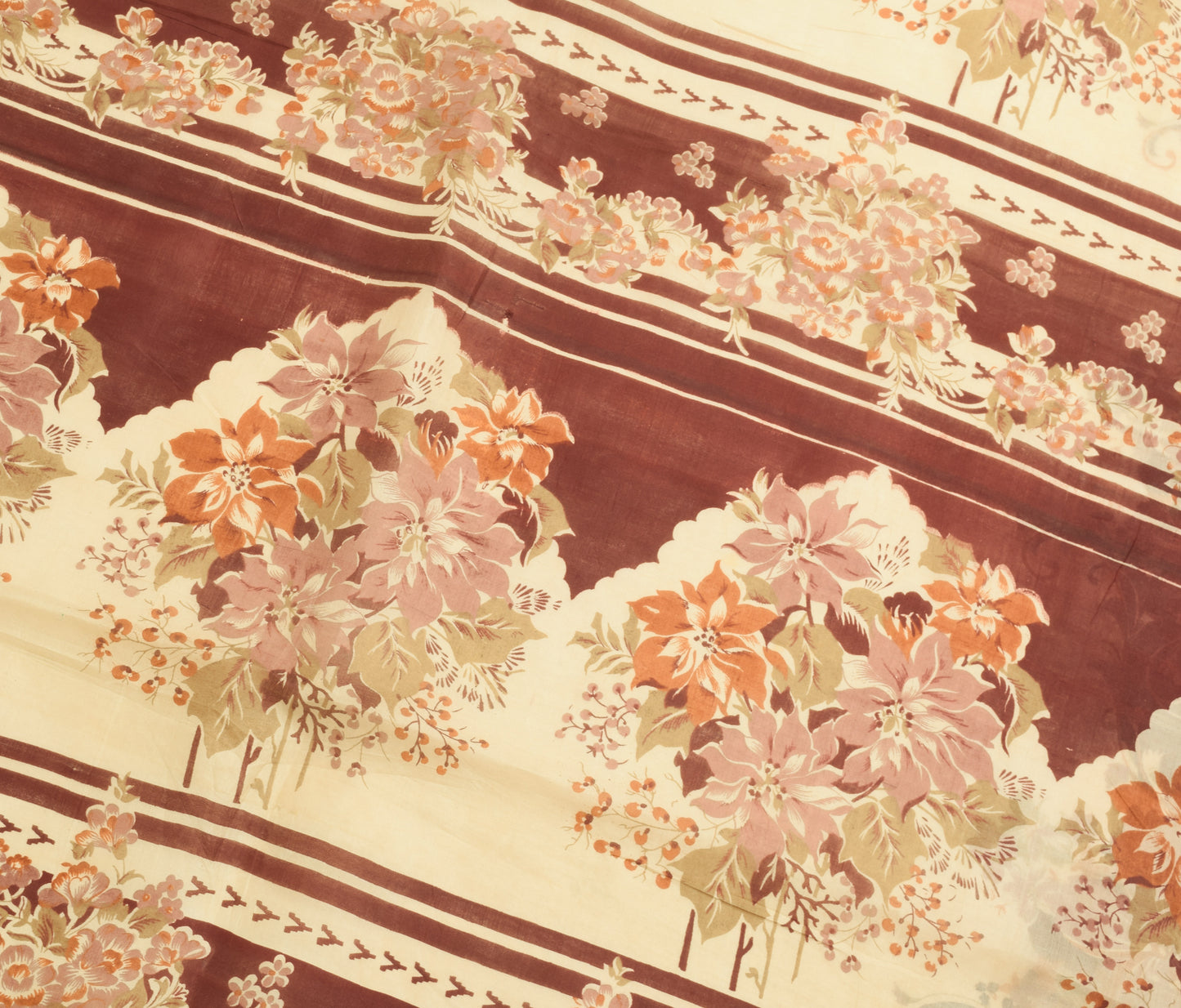 Sushila Vintage Cream Saree 100% Pure Silk Printed Floral Indian Craft Fabric