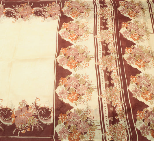 Sushila Vintage Cream Saree 100% Pure Silk Printed Floral Indian Craft Fabric