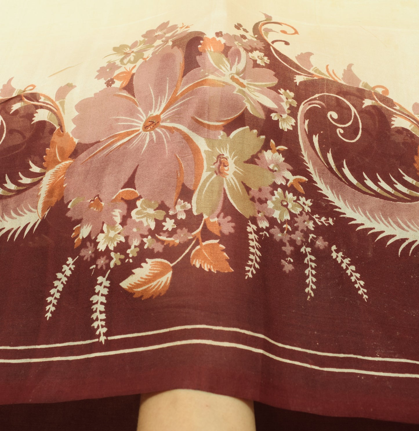 Sushila Vintage Cream Saree 100% Pure Silk Printed Floral Indian Craft Fabric