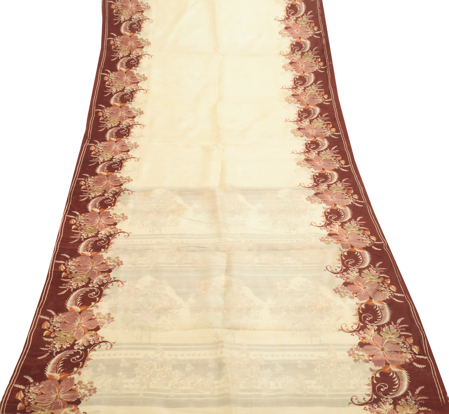 Sushila Vintage Cream Saree 100% Pure Silk Printed Floral Indian Craft Fabric