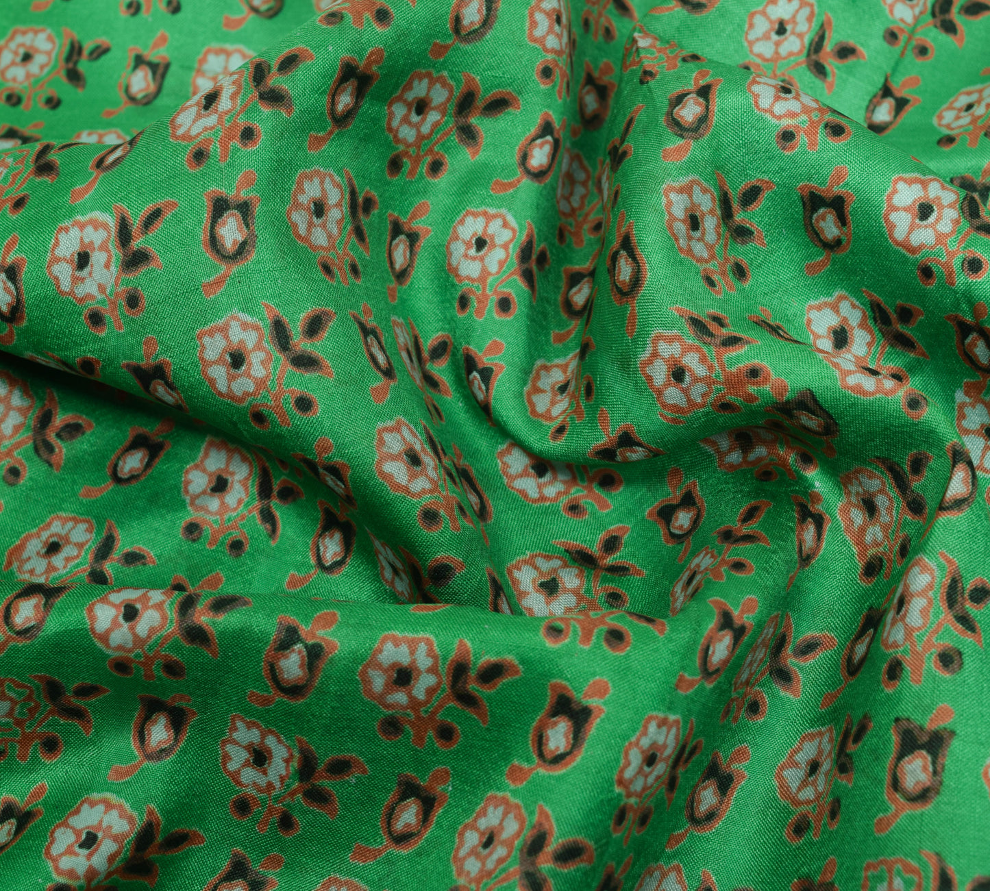 Sushila Vintage Saree 100% Pure Silk Green Floral Printed Soft Craft Fabric