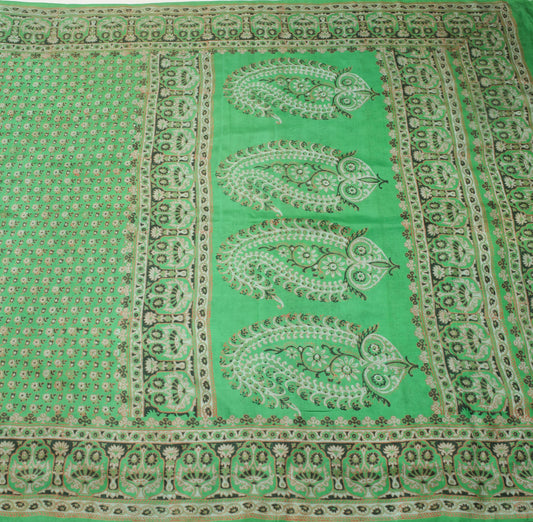 Sushila Vintage Saree 100% Pure Silk Green Floral Printed Soft Craft Fabric