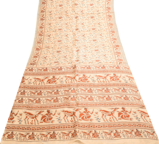 Sushila Vintage Light Brown Saree 100% Pure Silk Printed Human Craft Fabric