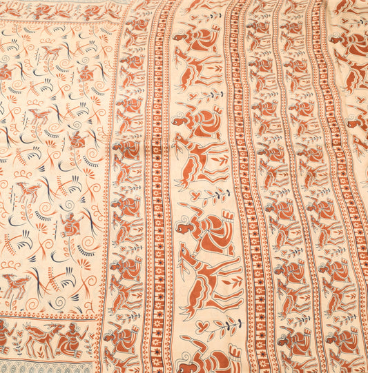 Sushila Vintage Light Brown Saree 100% Pure Silk Printed Human Craft Fabric