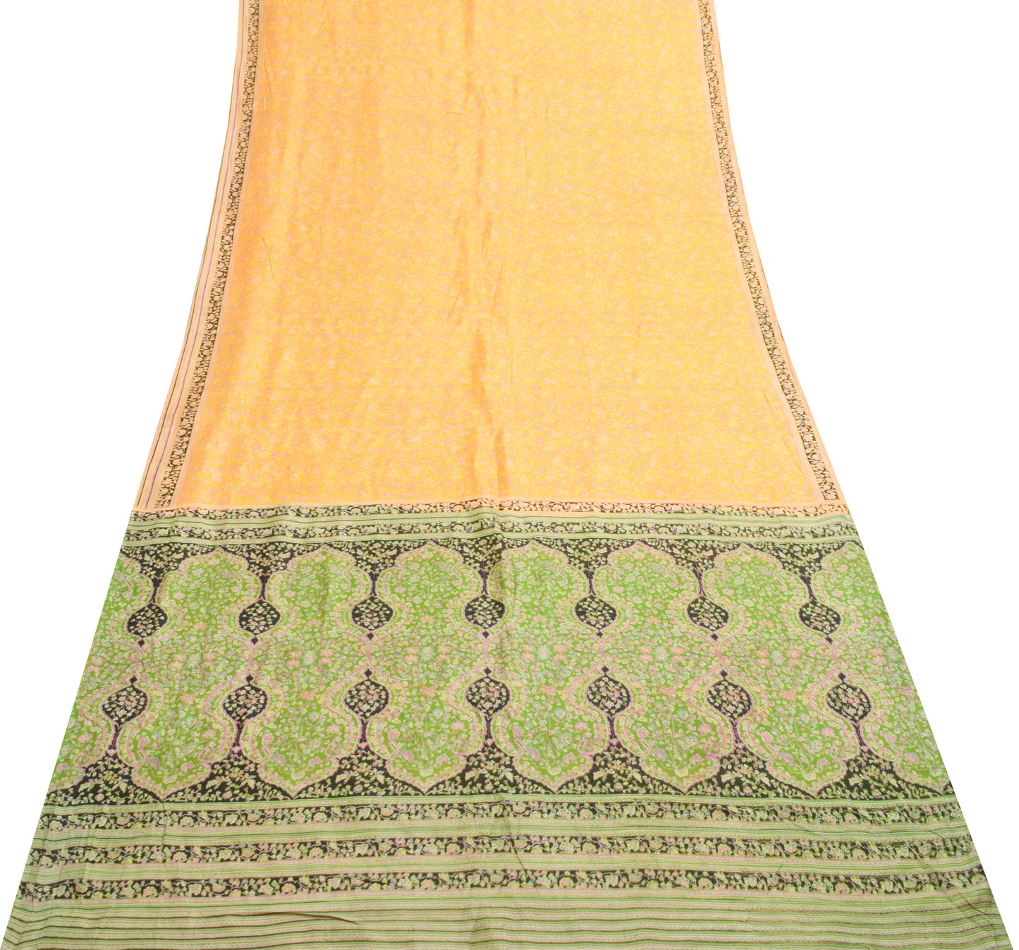 Sushila Vintage Yellow Saree 100% Pure Silk Printed Floral Soft Craft Fabric