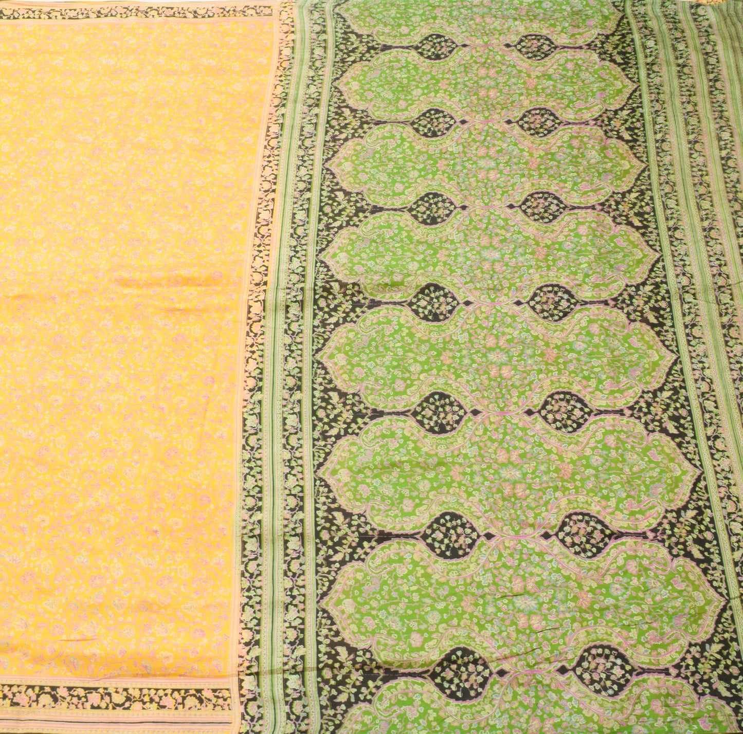 Sushila Vintage Yellow Saree 100% Pure Silk Printed Floral Soft Craft Fabric