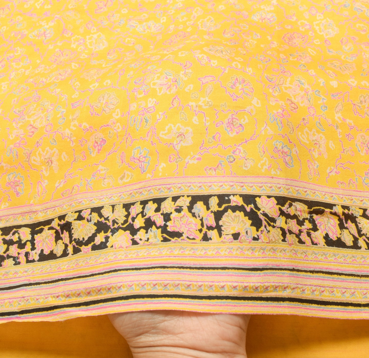 Sushila Vintage Yellow Saree 100% Pure Silk Printed Floral Soft Craft Fabric