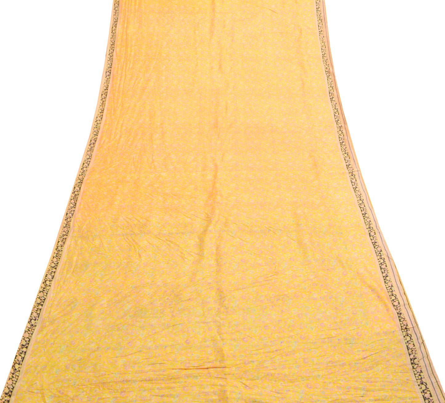 Sushila Vintage Yellow Saree 100% Pure Silk Printed Floral Soft Craft Fabric