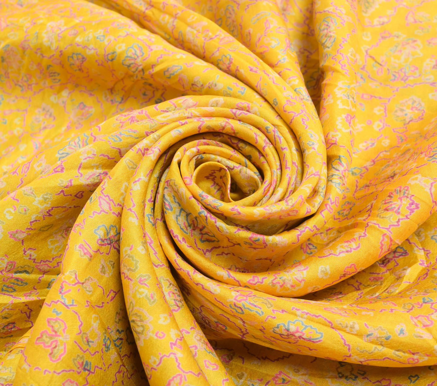 Sushila Vintage Yellow Saree 100% Pure Silk Printed Floral Soft Craft Fabric