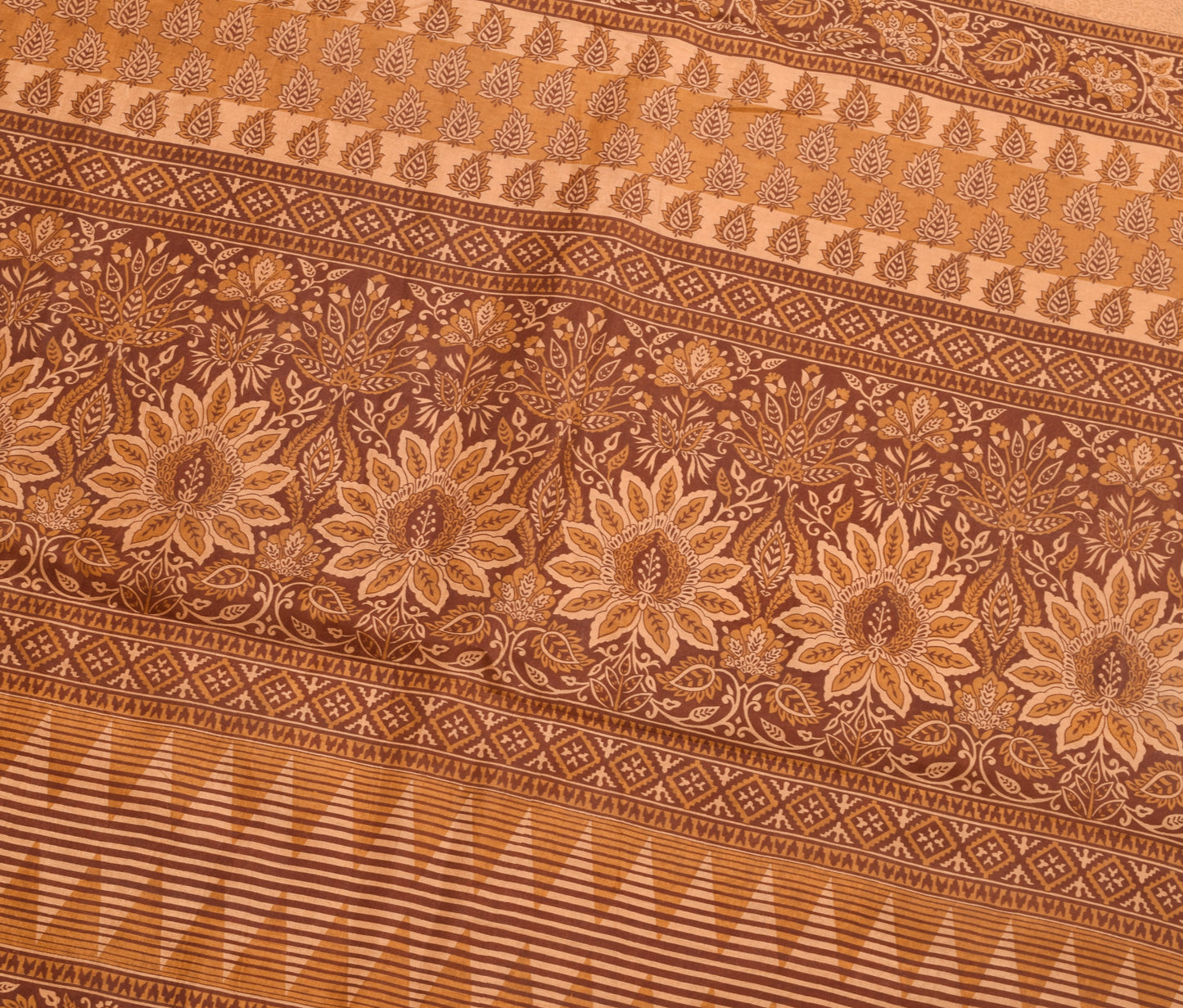 Sushila Vintage Brown Saree 100% Pure Silk Printed Floral Soft Craft Fabric