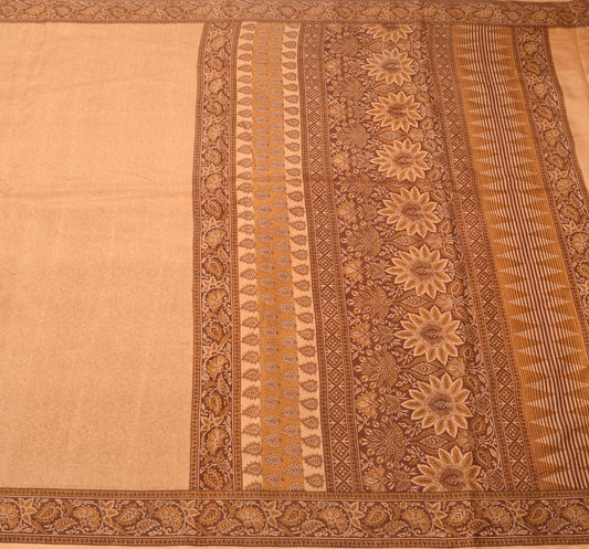 Sushila Vintage Brown Saree 100% Pure Silk Printed Floral Soft Craft Fabric
