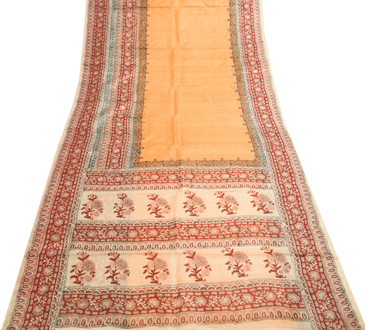 Sushila Vintage Orange Saree 100% Pure Silk Hand Block Printed Craft Fabric