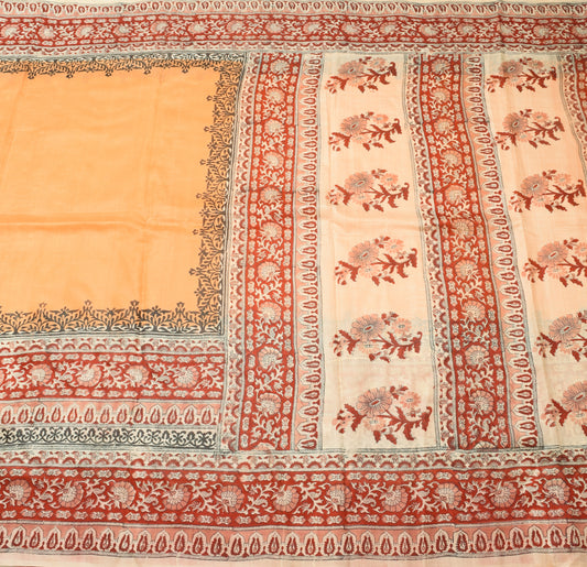 Sushila Vintage Orange Saree 100% Pure Silk Hand Block Printed Craft Fabric