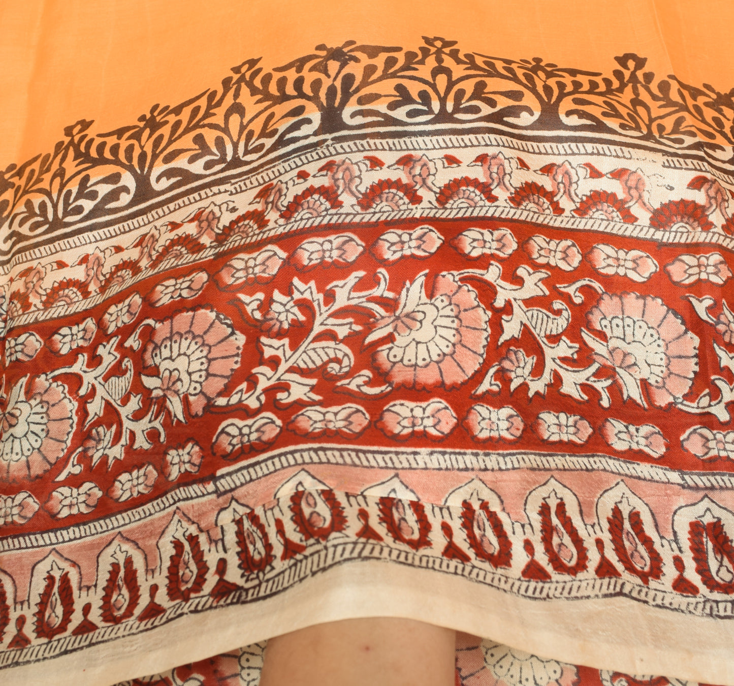 Sushila Vintage Orange Saree 100% Pure Silk Hand Block Printed Craft Fabric