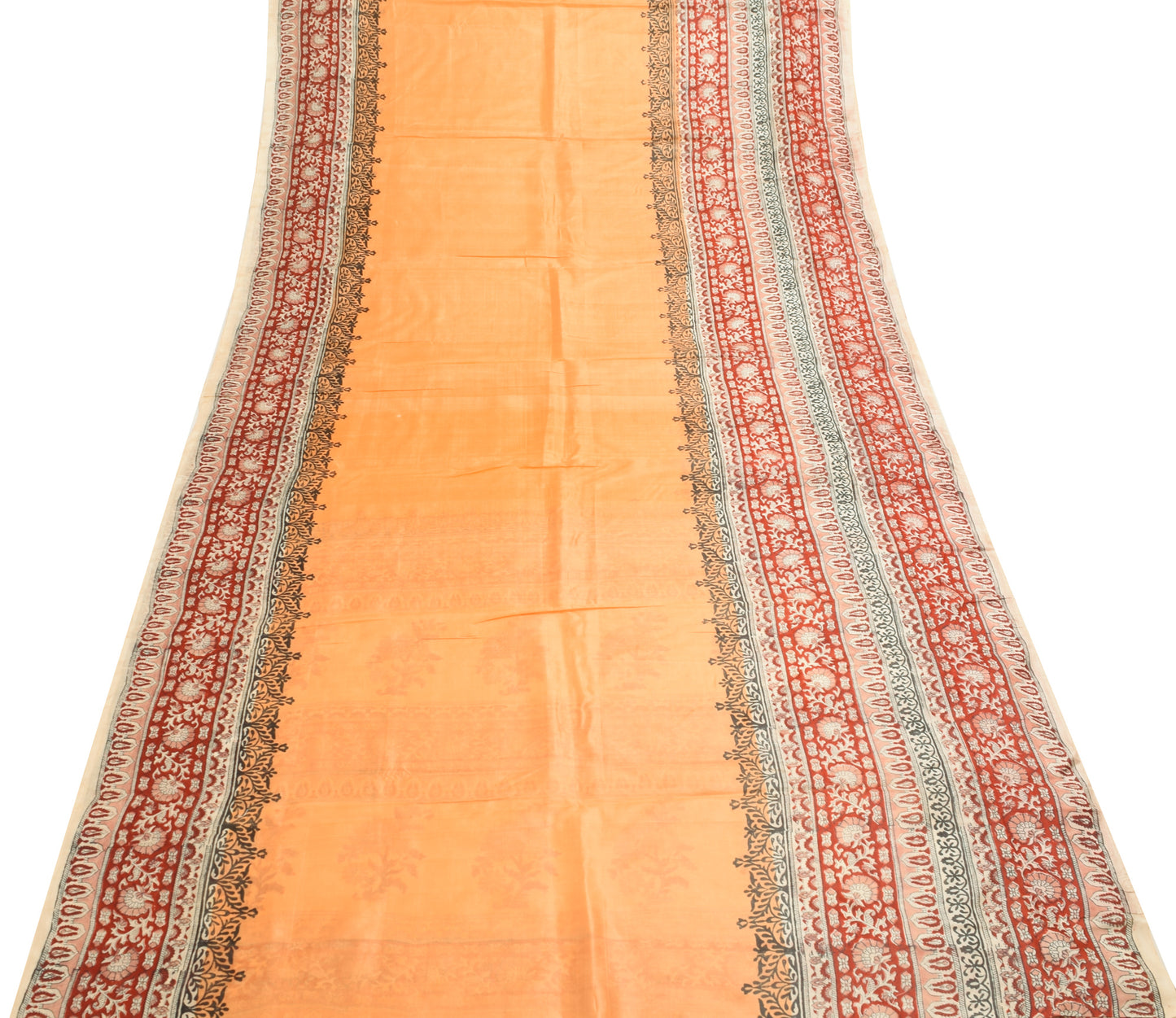 Sushila Vintage Orange Saree 100% Pure Silk Hand Block Printed Craft Fabric