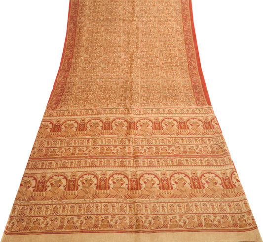 Sushila Vintage Antique Indian Saree 100% Pure Silk Printed Human Craft Fabric