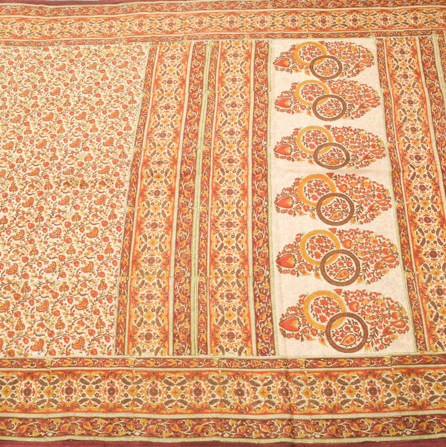 Sushila Vintage Beige Saree 100% Pure Silk Hand Block Printed Soft Craft Fabric