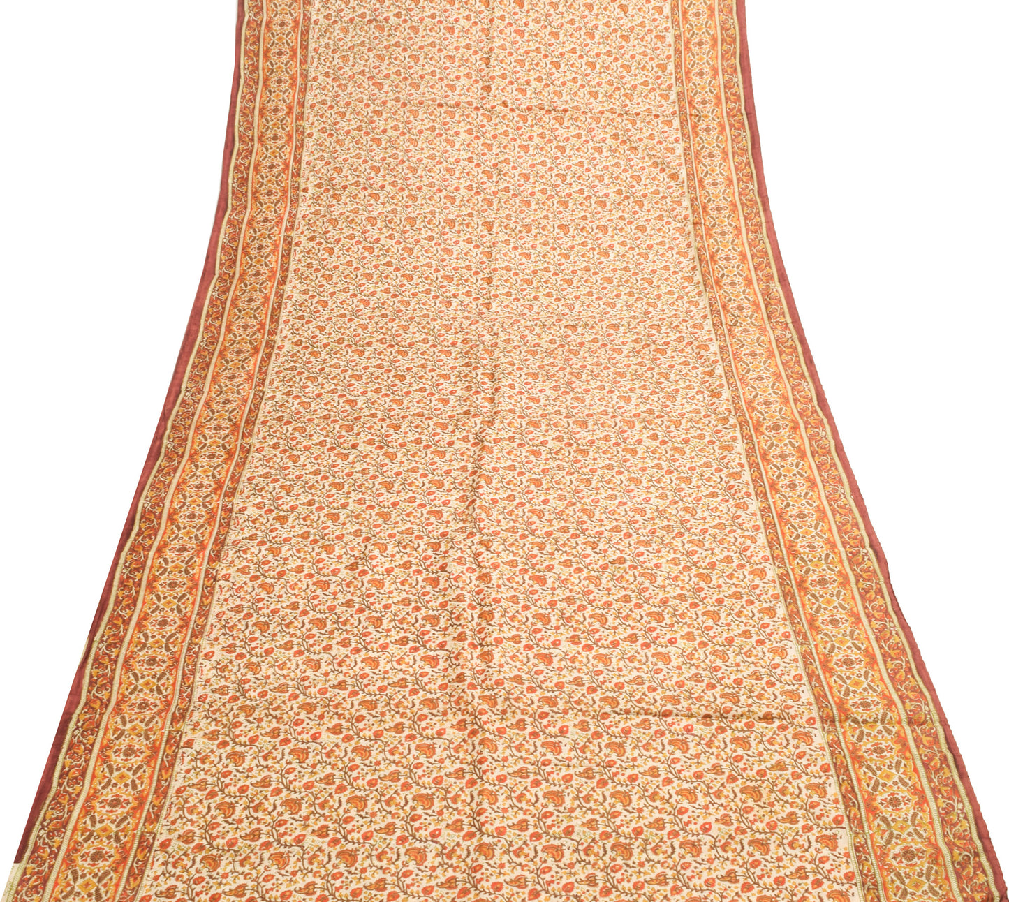 Sushila Vintage Beige Saree 100% Pure Silk Hand Block Printed Soft Craft Fabric