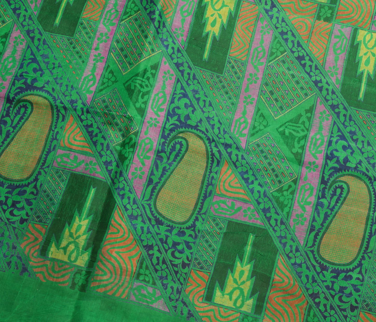 Sushila Vintage Green Saree 100% Pure Silk Printed Abstract 5 YD Craft Fabric