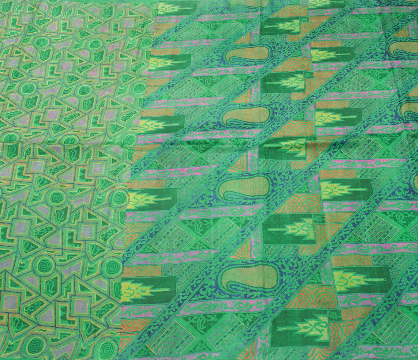 Sushila Vintage Green Saree 100% Pure Silk Printed Abstract 5 YD Craft Fabric