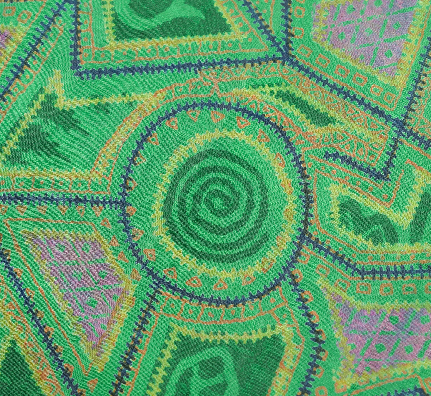 Sushila Vintage Green Saree 100% Pure Silk Printed Abstract 5 YD Craft Fabric