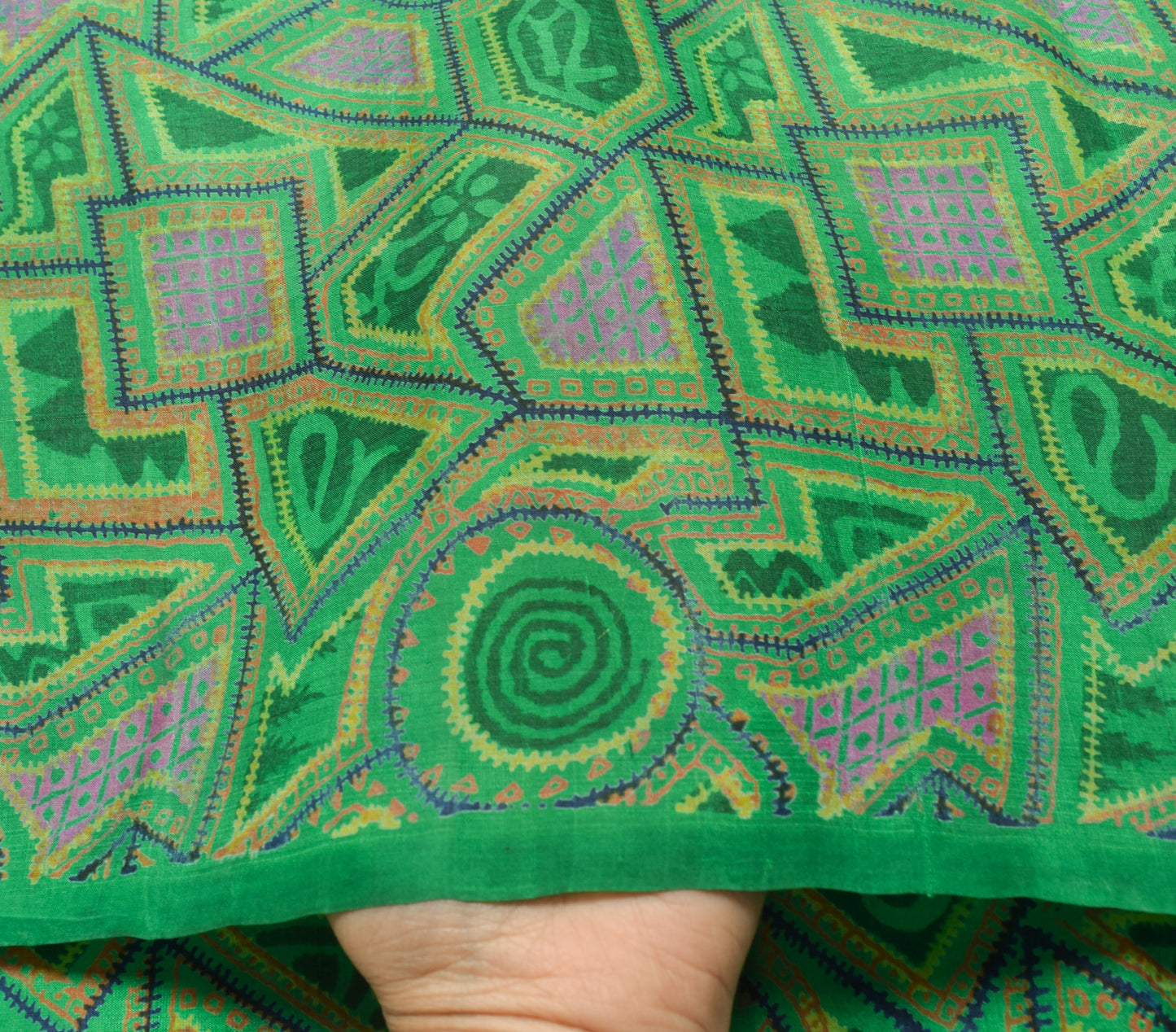 Sushila Vintage Green Saree 100% Pure Silk Printed Abstract 5 YD Craft Fabric