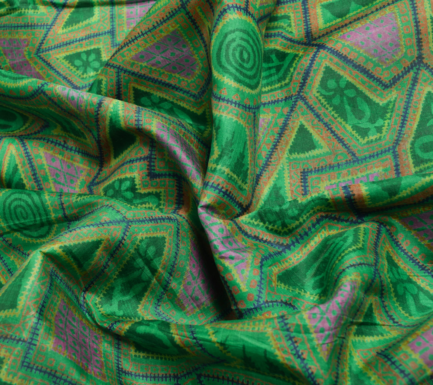 Sushila Vintage Green Saree 100% Pure Silk Printed Abstract 5 YD Craft Fabric