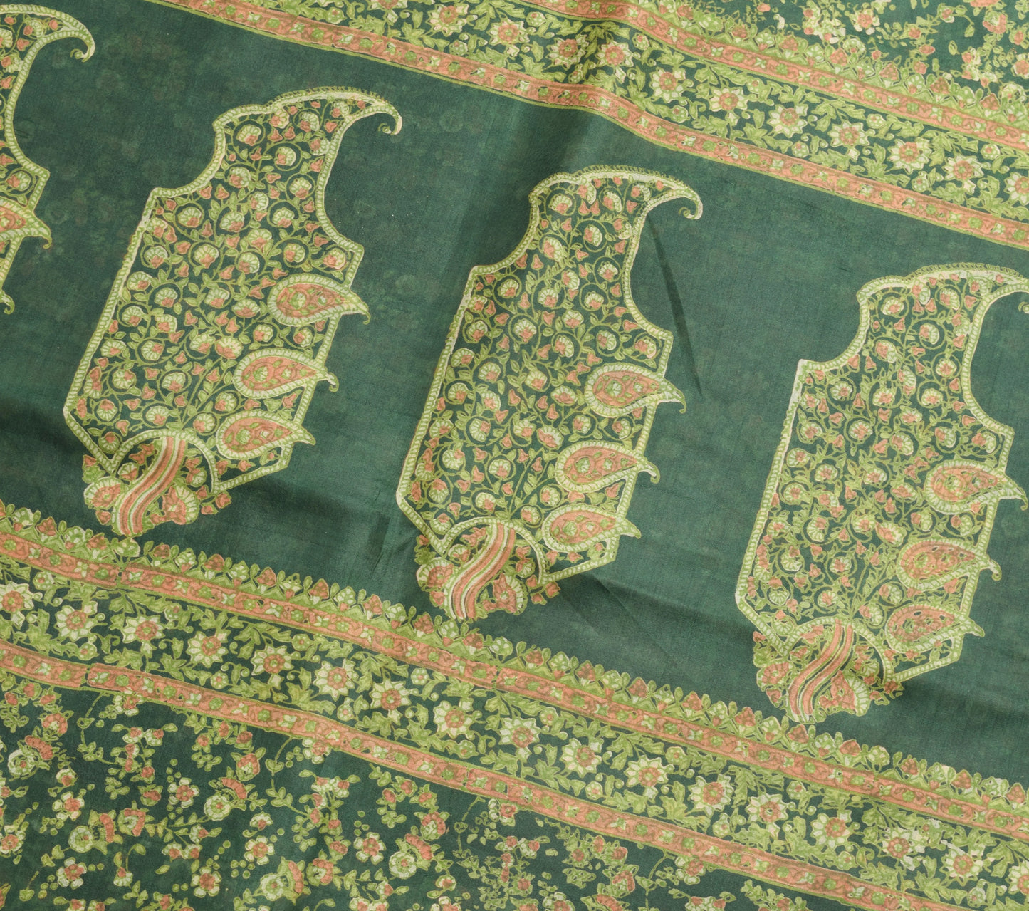 Sushila Vintage Dark Green Saree 100% Pure Silk Printed Floral Soft Craft Fabric