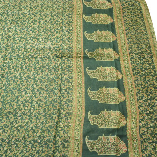 Sushila Vintage Dark Green Saree 100% Pure Silk Printed Floral Soft Craft Fabric