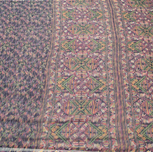 Sushila Vintage Blue Saree 100% Pure Chiffon Silk Printed Soft Sari Craft Fabric