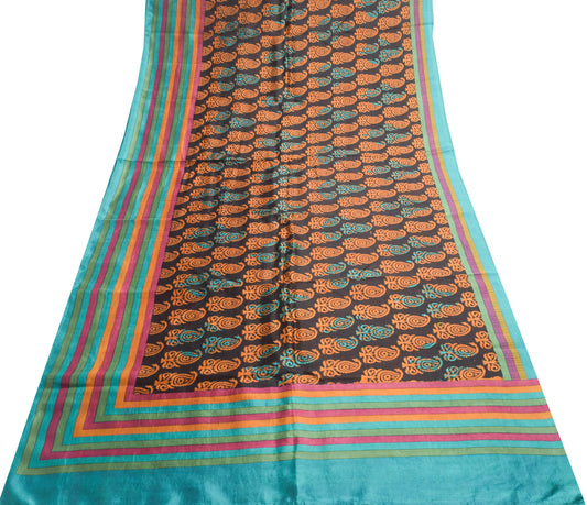 Sushila Vintage Black Saree 100% Pure Silk Printed Paisley Indian Craft Fabric