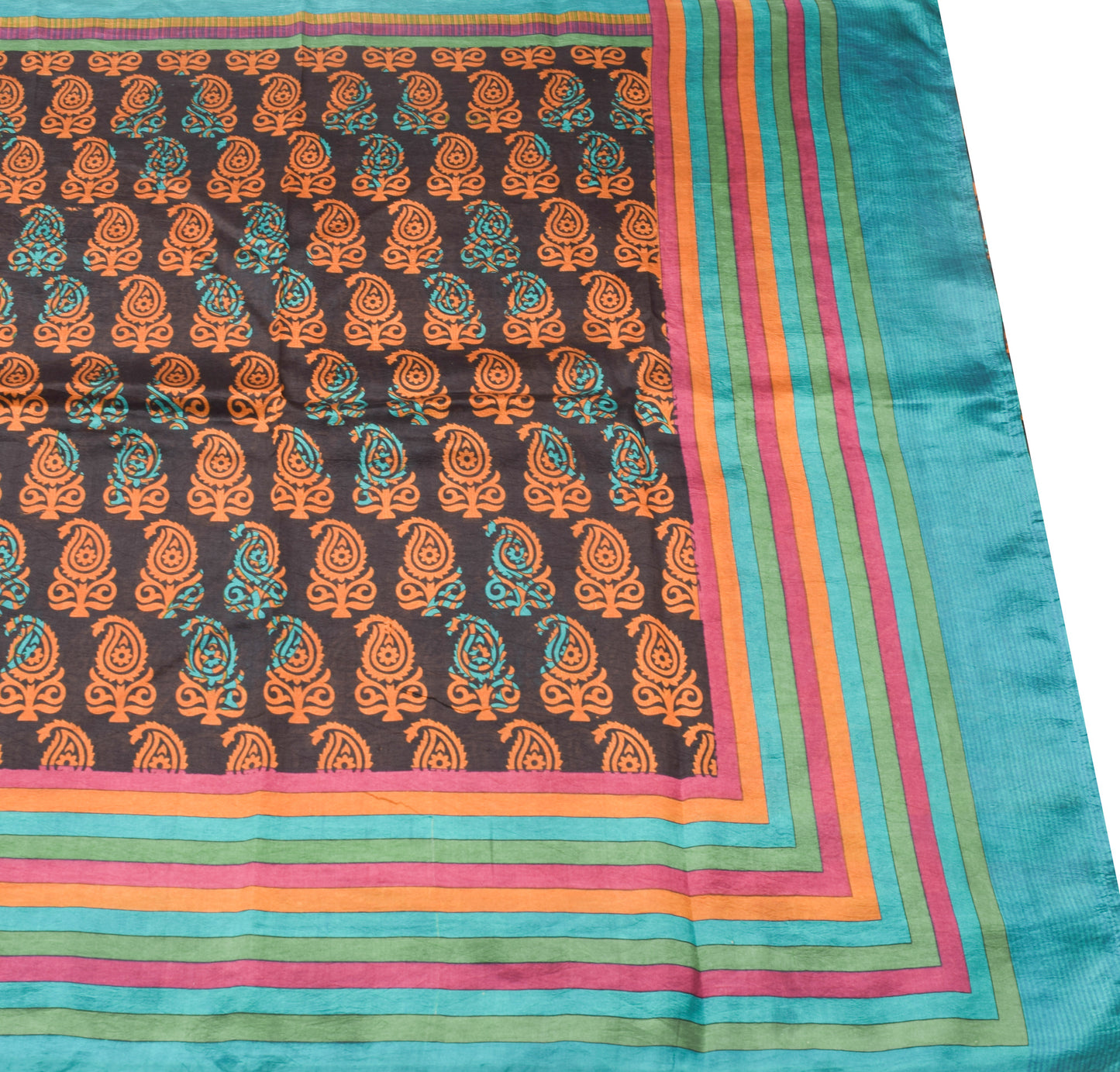 Sushila Vintage Black Saree 100% Pure Silk Printed Paisley Indian Craft Fabric