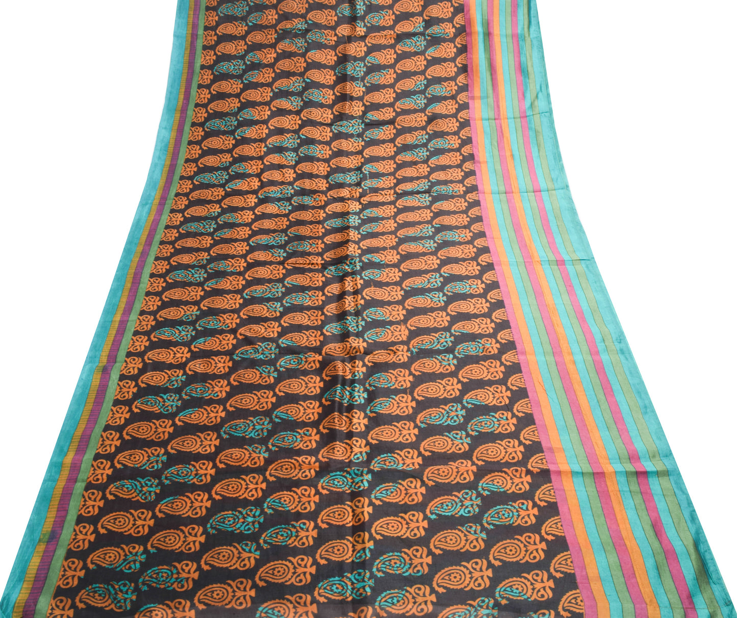 Sushila Vintage Black Saree 100% Pure Silk Printed Paisley Indian Craft Fabric