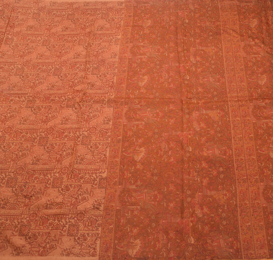 Sushila Vintage Brown Saree 100% Pure Silk Printed Human Soft Sari Craft Fabric