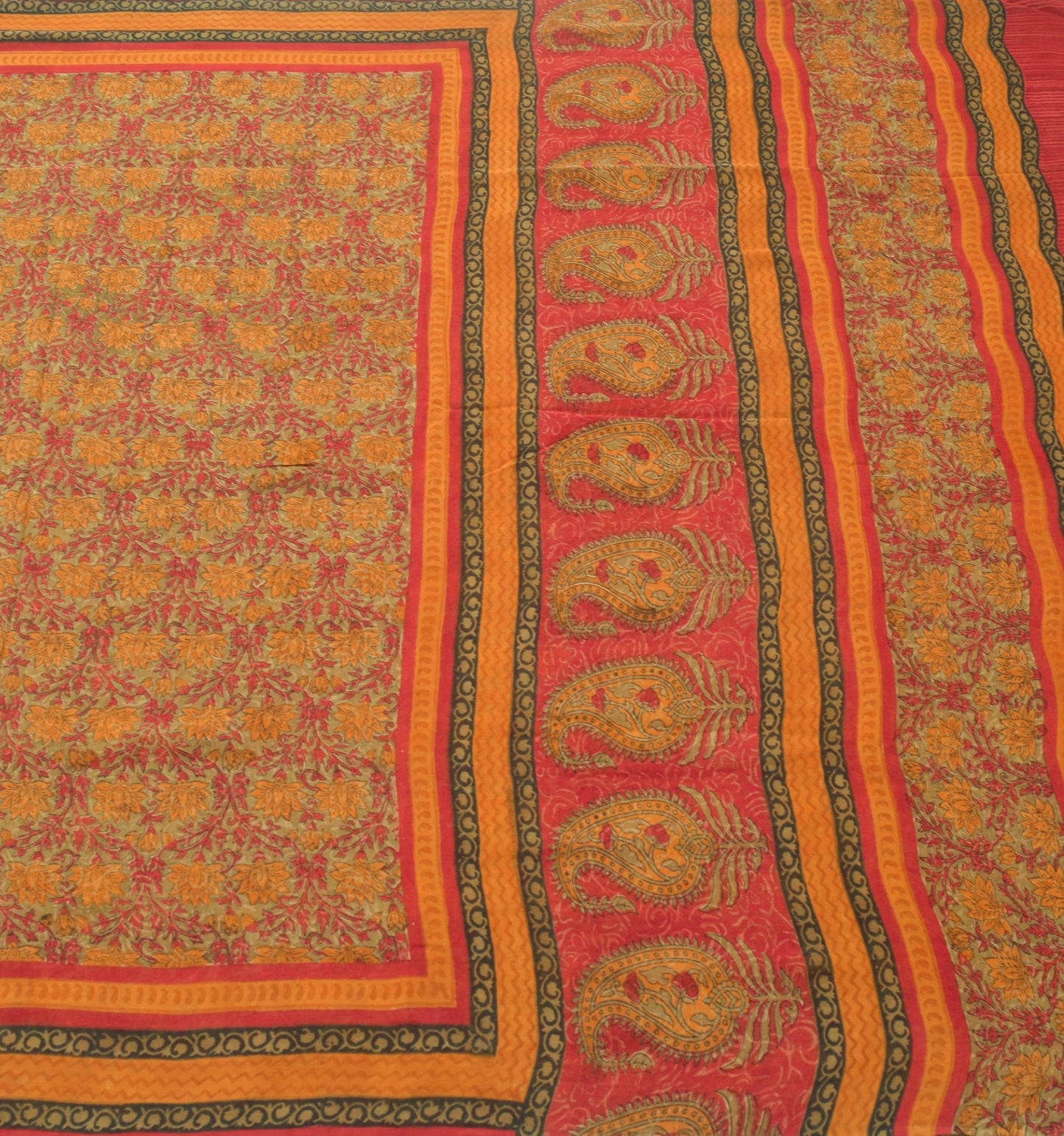 Sushila Vintage Saree Green Floral 100% Pure Georgette Silk Printed Craft Fabric