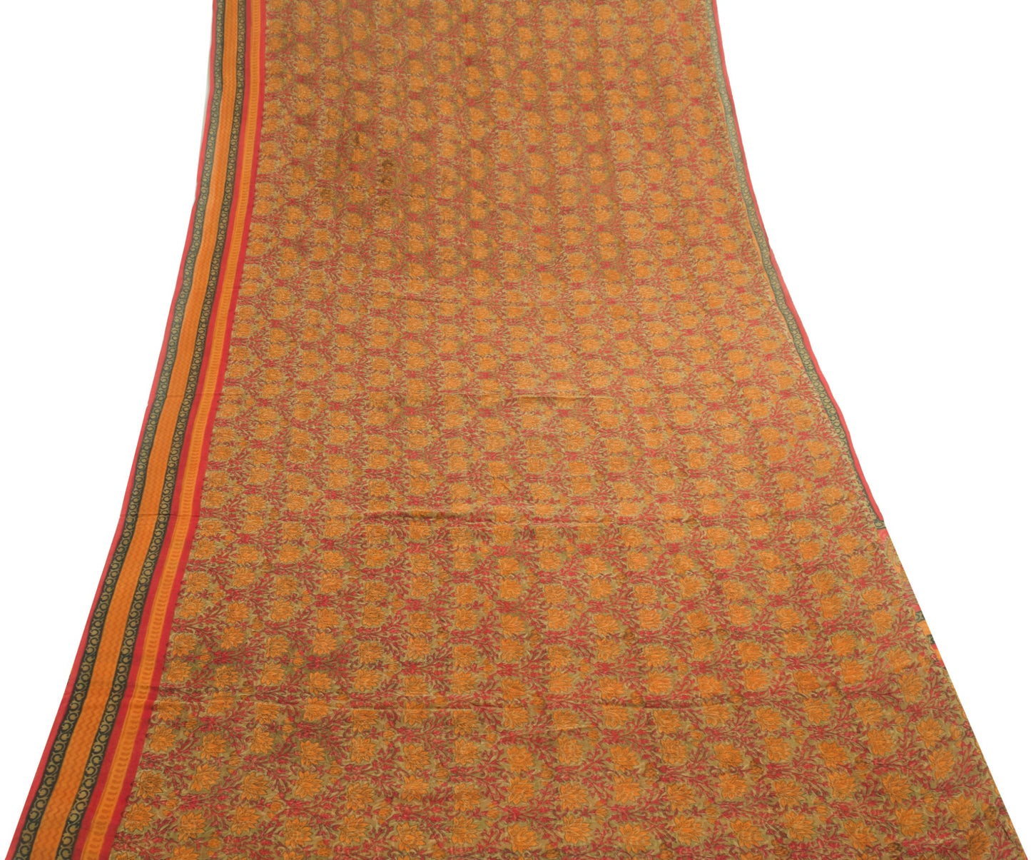 Sushila Vintage Saree Green Floral 100% Pure Georgette Silk Printed Craft Fabric