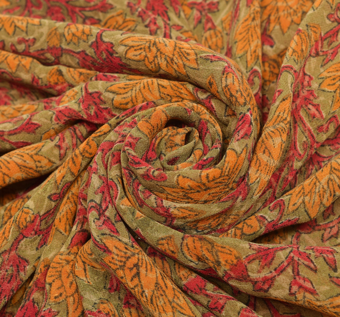 Sushila Vintage Saree Green Floral 100% Pure Georgette Silk Printed Craft Fabric