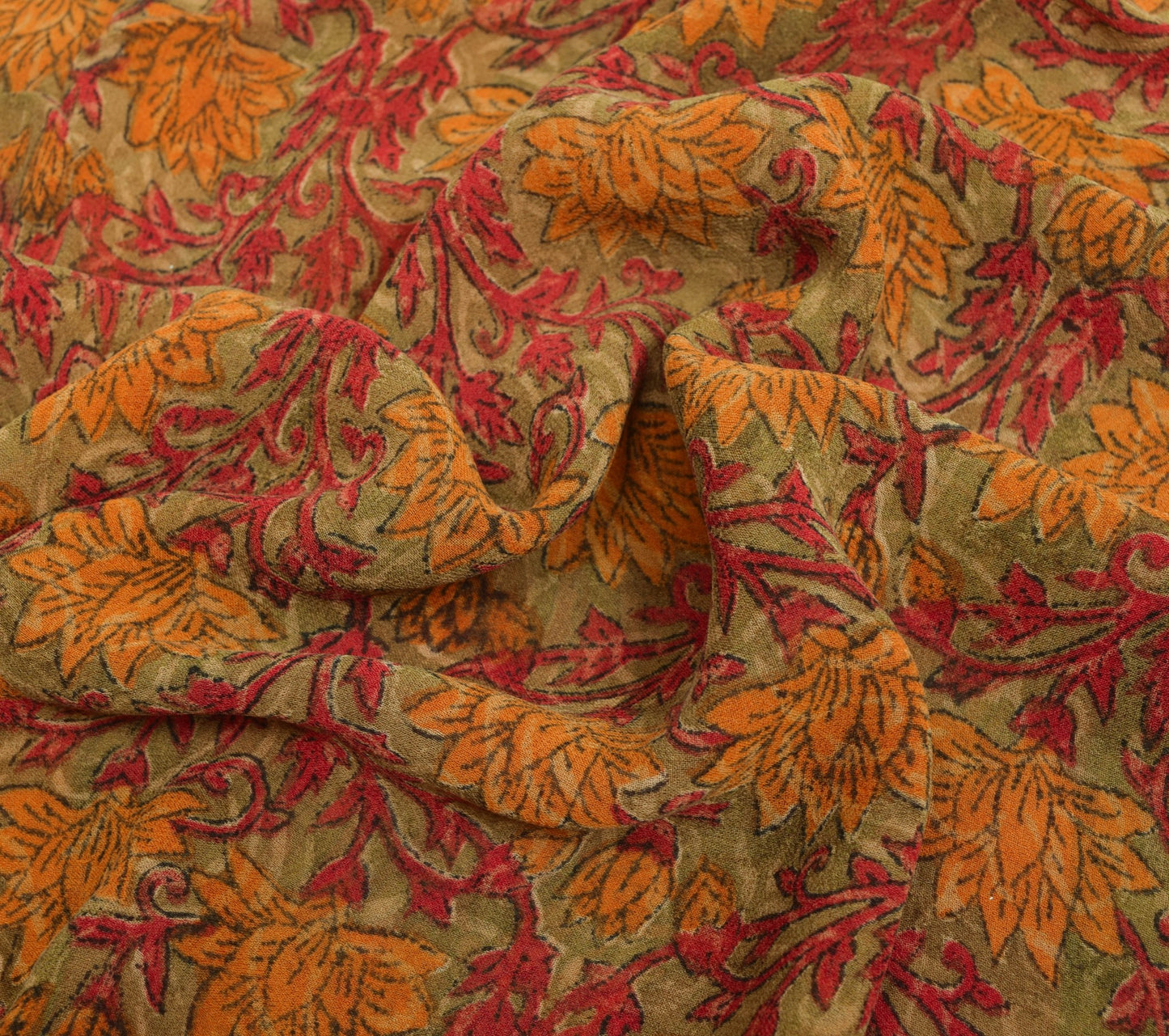 Sushila Vintage Saree Green Floral 100% Pure Georgette Silk Printed Craft Fabric