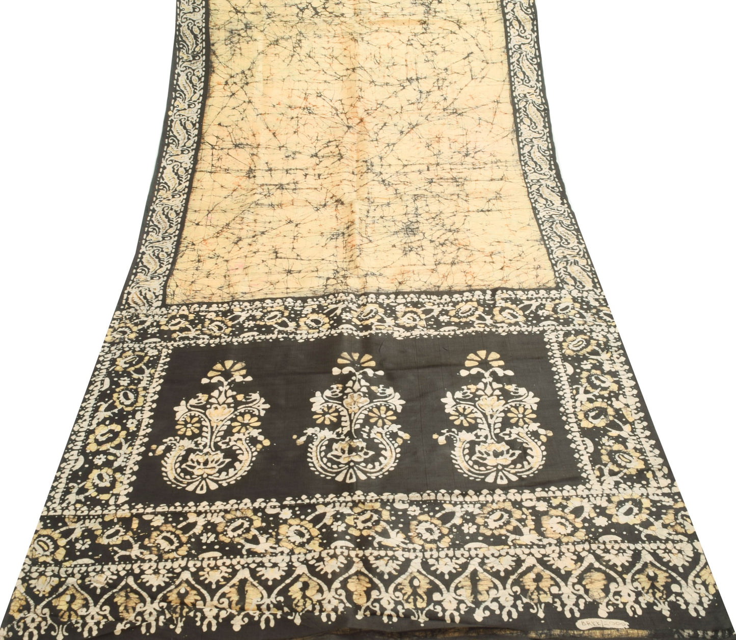 Sushila Vintage Saree 100% Pure Silk Beige Batik Printed Indian Craft Fabric