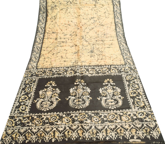 Sushila Vintage Saree 100% Pure Silk Beige Batik Printed Indian Craft Fabric