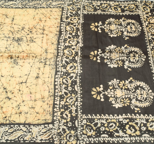 Sushila Vintage Saree 100% Pure Silk Beige Batik Printed Indian Craft Fabric